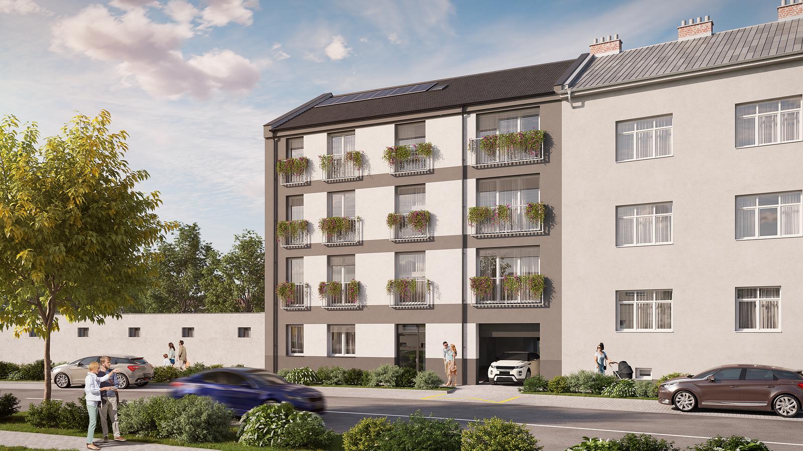 Vizualizace bytového domu KŠÍROVA lofts z ulice Kšírova, cihlová fasáda s balkony a květinovými truhlíky