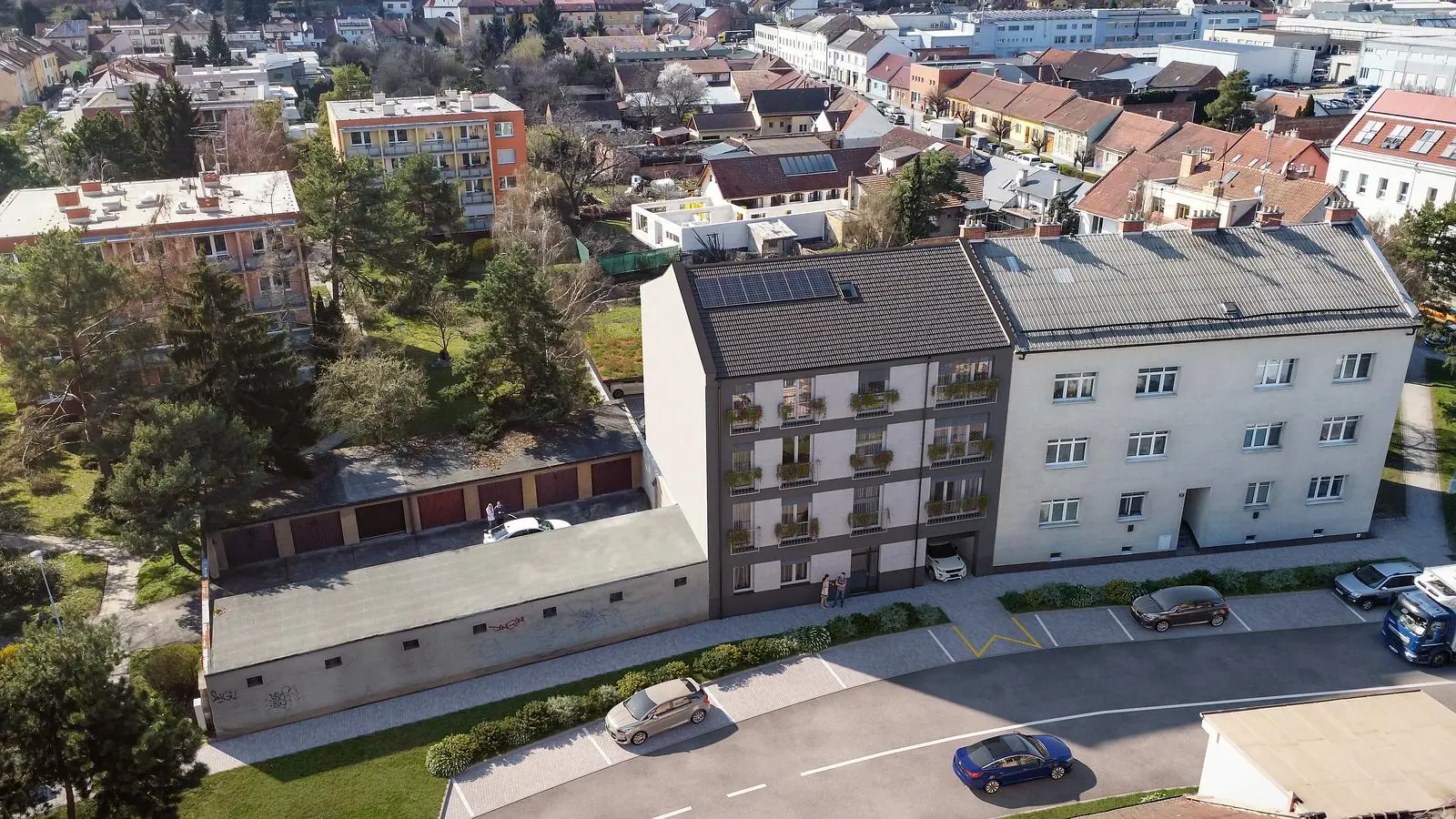 Letecký pohled na lokalitu bytového domu KŠÍROVA lofts v Brně-jihu